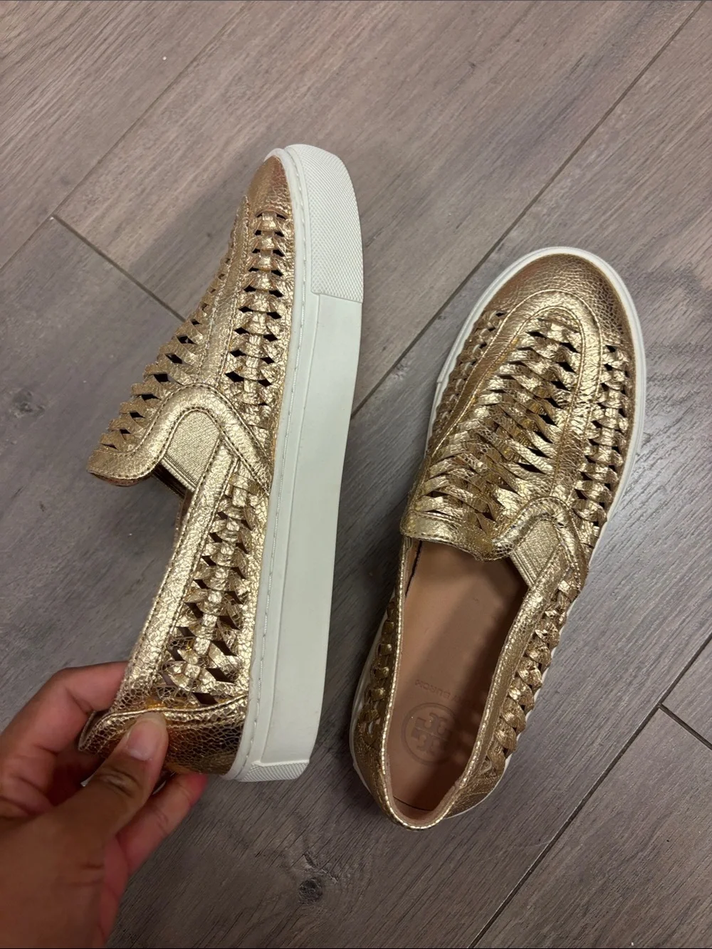 Tory Burch Huarache Gold Woven Slip-On Sneakers